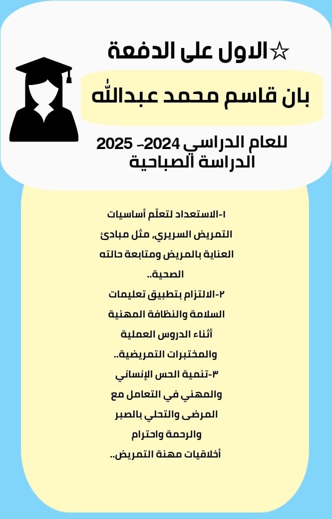 الطالبة الاولى الدراسة الصباحية العام الدراسي 2024- 2025